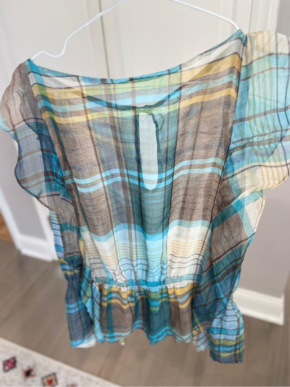 Zara Teal, Brown & Cream Plaid Sheer Blouse